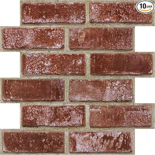 3D Peel and Stick Faux Brick Wall Panels 11.8" x 11.8" 10-Pack | Red Orange, Small Brick-Look Textured Sticker, Thin Lightweight PVC Self Adhesive Tiles for Interior Decor, Cover 9.7 sq ft by SMOOSTIKCDECOR