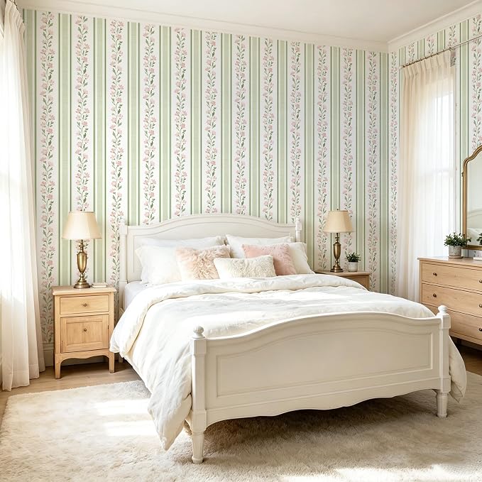 Safiyya Wallpaper Peel and Stick Stripe Floral Wall Paper Removable Green Pink Contact Paper 17.7''x78.7'' Waterproof Self Adhesive Vinyl Boho Wallpaper for Bedroom Living Room Decor - Image 5