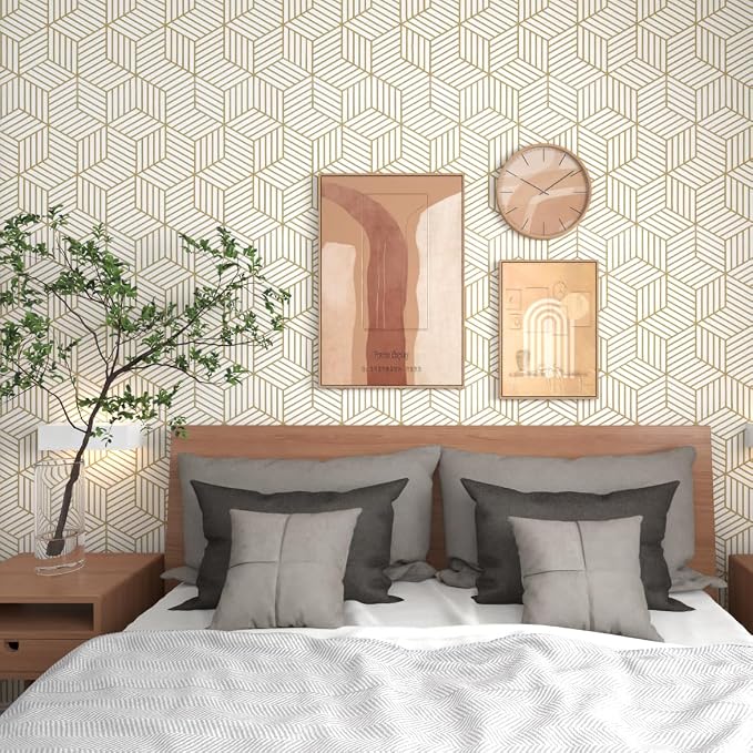 MelunMer Geometric Contact Paper Peel and Stick Wallpaper Gold 17.7”×276” | Self Adhesive, Removable Wallpaper for Bedroom/Bathroom Waterproof, Modern Contact Paper for Cabinets Liner Easy to Install - Image 6