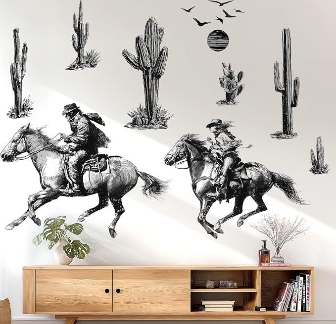 Vintage Western Cowboy Cactus Wall Decals, Black Sketch Desert Wall Sticker | Saguaro cactus peel and stick wall decor, removable vinyl wall art mural for bedroom farmhouse entryway home decoration - Image 6