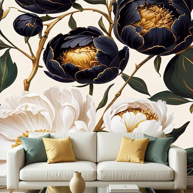 MFWFM Floral Peel and Stick Wallpaper Large Peony Botanical Wall Murals | 137"x96", for Bedroom Living Room Bathroom, Self Adhesive Canvas by MFWFM