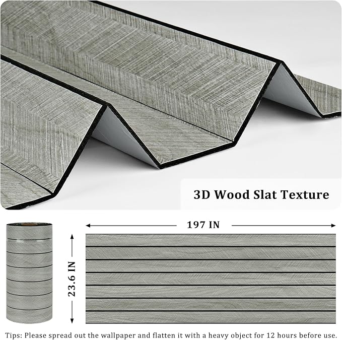 Grey Wood Grain Slat Panels for Interior Wall Decor Peel and Stick | 3D Textured Fluted Wood Panels Self Adhesive Acoustic Wooden Paneling Wallpaper for Bedroom Living Room Studio 197"x23.6" - Image 6