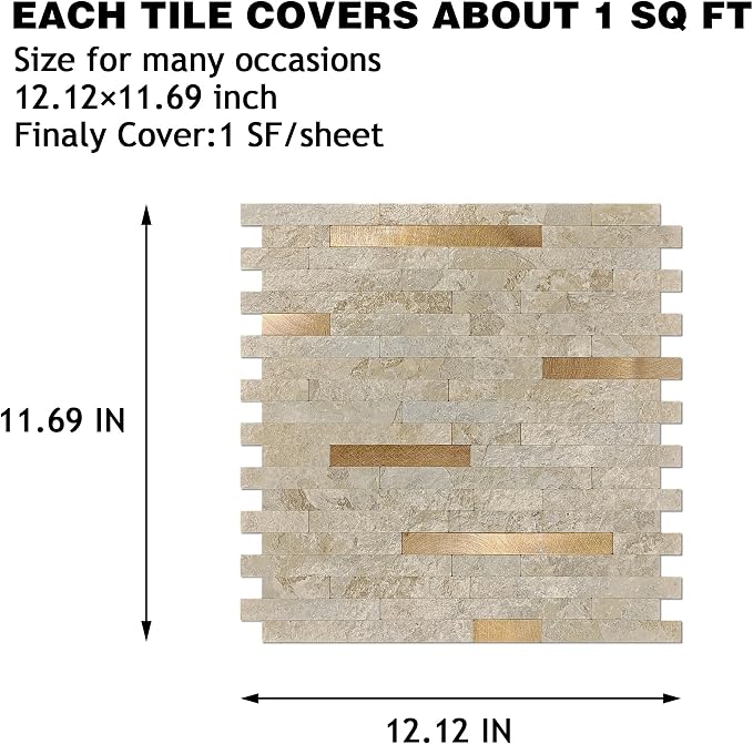 KASARO Peel and Stick Marble Backsplash Tile, 10 Sheets, Marble Stone Beige with Vintage Golden Stripes, Self-Adhesive Wall Tile for Kitchen, Bathroom, Fireplace, RV (11.7” x 12.1”) - Image 4