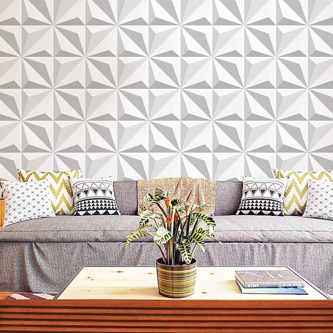 Peel and Stick Wallpaper Gray White Geometric Diamond Feature | Modern abstract geometric wallpaper with textured 3D pattern for accent walls, bedrooms, living rooms and home decor. - Image 2