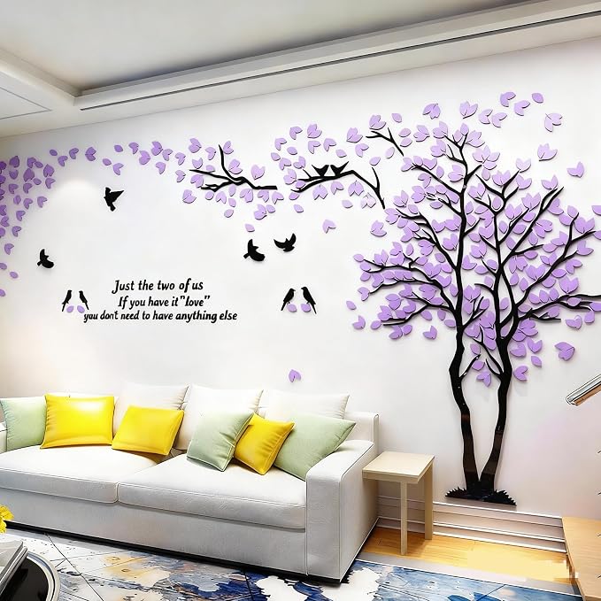 Family Tree Wall Decor Decals - DIY 3D Tree of Life Wall Art Large Decal Stickers Silver Decor Living Room Mural for Bedroom Hallway Home TV Background (Purple Right,XL-158X79in) by guangmu
