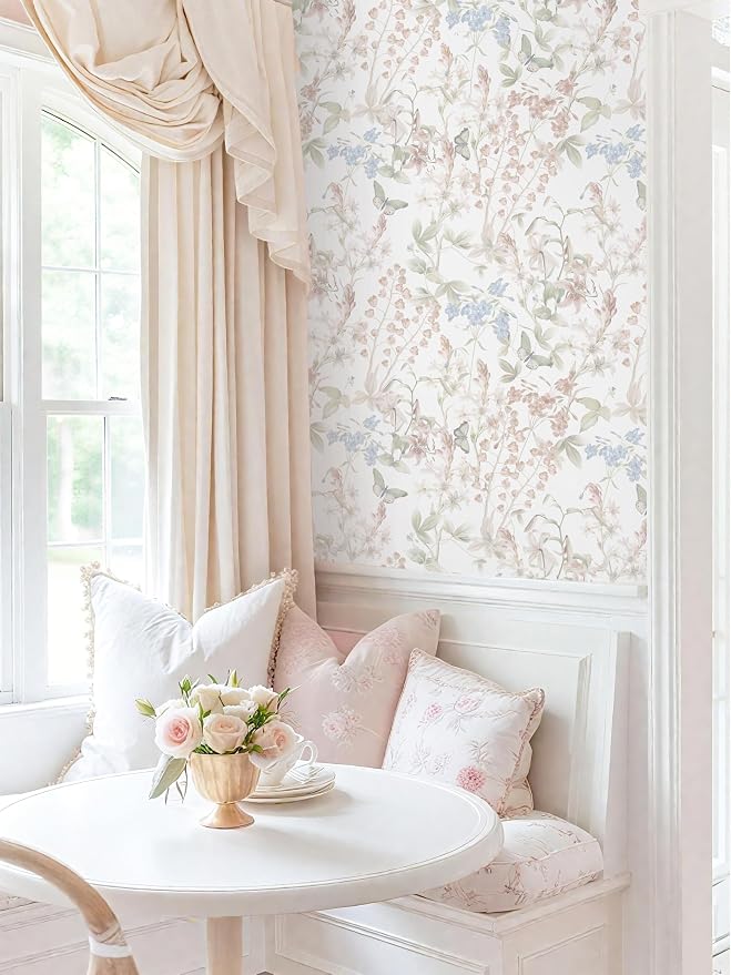 Dimoon 197"x17.3" Floral Wallpaper Pink Peel and Stick Wallpaper White Boho Contact Paper Botanical Wildflower Morden Cottage Renter Friendly Bathroom Flower Kitchen Self Adhesive Vinyl Roll - Image 5
