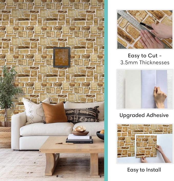 Commomy Faux Stone Peel and Stick Wall Panels | Ultralight Thin PVC Fake Rock Wallpaper DIY Wall Covering Decorative Tiles for Kitchen Backsplash,Bedroom (Covers 9.7 sq.ft) - Image 5