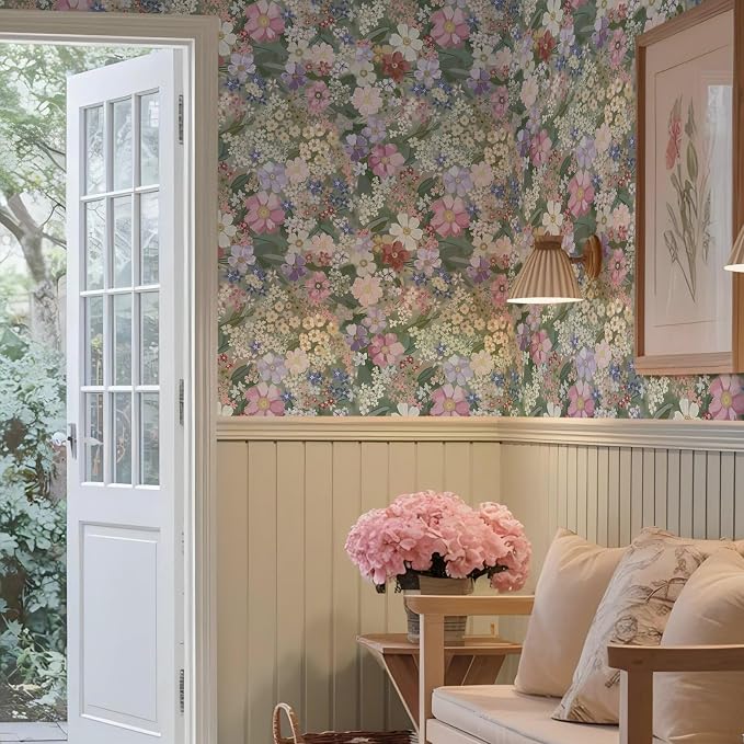 Ismoon Floral Peel and Stick Wallpaper Vintage Wallpaper 17.3in x 6.56ft Pink/Green Floral Wall Paper Boho Waterproof Removable Self-Adhesive Wall Paper for Nursery Bedroom Shlef Cabinet Décor - Image 7