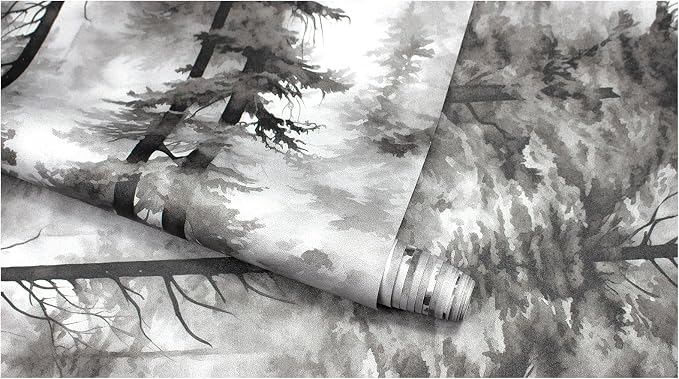 HAOKHOME Forest Wallpaper Peel and Stick Black White Mural 17.3in x 32.8ft | Extra Long Self Adhesive Wall Paper Tree Landscape Mountain Botanical Textured Removable Waterproof for Bathroom Bedroom - Image 8