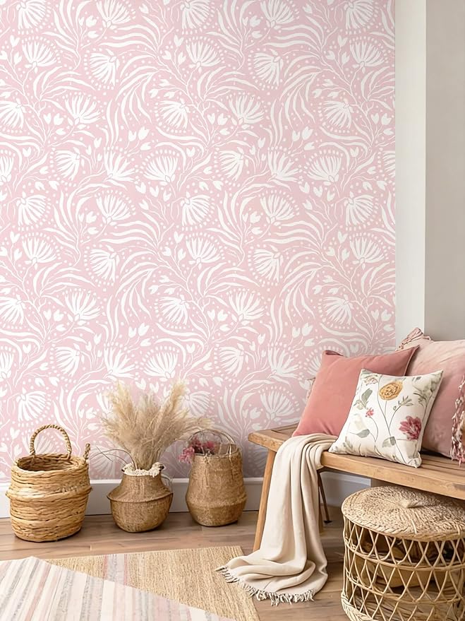 Ismoon Boho Peel and Stick Wallpaper Pink Floral Contact Paper Boho Stick on Wall Paper Textured Removable Self Adhesive Vinyl Wallpaper for Bedroom Bahtroom Wall Decor 17.3x196in - Image 9