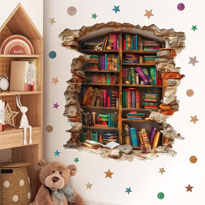 Vintage Read Book Wall Stickers 3D Broken Wall Library Decal Peel and Stick | Reading room art murals, read sign, removable vinyl wallpaper, bookshelf bookcase decoration, for school classroom home decor - Image 3
