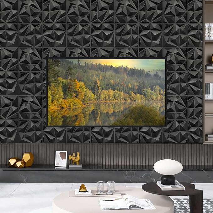 LEVOWAY 33 Pack Decorative 3D Wall Panels for Interior Wall Decor | 12''x12'' Black Diamond Design Accent Wall Panles for Living Room,TV Wall Background,Bedroom - Image 3