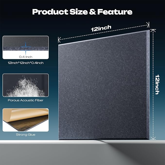 Sonicism 12 Pack Acoustic Wall Panels with Self-Adhesive, 12" X 12" X 0.4" Sound Proof Foam Panels, Decorative Soundproof Wall Panels, Sound Proof Absorbing Tiles for Home & Offices, Moonlight Gray - Image 4