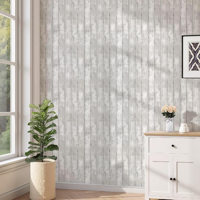 Peel and Stick Wallpaper 17.3" X 472" Vintage White Gray Wood Shiplap Wallpaper Peel and Stick Contact Paper Rustic Removable Self Adhesive Wood Wall Paper for Bedroom Bathroom Cabinets - Image 4