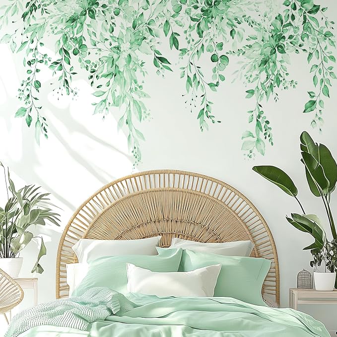 Mint Green Plants Leaves Wall Decals Peel and Stick, Large Floral Flowers Vinyl Wall Stickers, Removable Vine Home Decor Art for Bedroom Living Room Classroom Office - Image 4