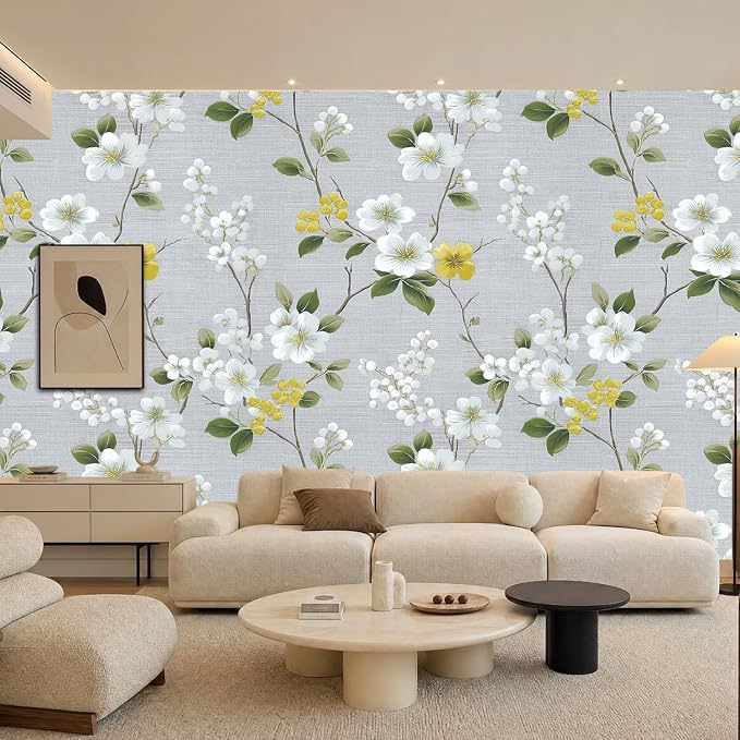 White Yellow Flowers Removable Self-Adhesive Wallpaper for Bedroom & Living Room Decor 17.7×118 Inch,Waterproof Wall Covering for Accent Walls, Apartment, Nursery - Image 2