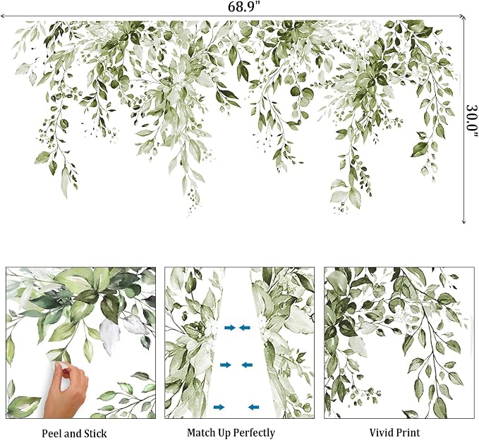Olive Green Plants Leaves Wall Decals Peel and Stick, Large Floral Flowers Vinyl Wall Stickers, Removable Vine Home Decor Art for Bedroom Living Room Classroom Office - Image 2