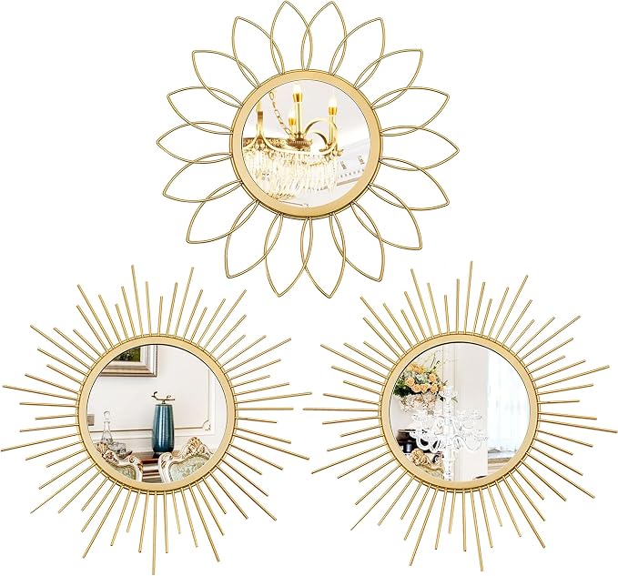3 Pack Metal Mirrors for Wall Sunburst Wall Mirrors Home Décor Decorative Hanging Wall Art for Living Room Bedroom Entryway (Gold, Flower+Sunburst) by Uaussi