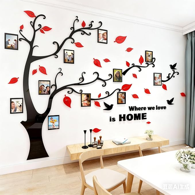 3D Tree Wall Stickers - DIY Photo Frame Tree Wall Decal Family Photo Frame Sticker Murals Wall Decor Living Room Bedroom TV Background Home Decorations (L:91 * 69in,Red Right) - Image 7