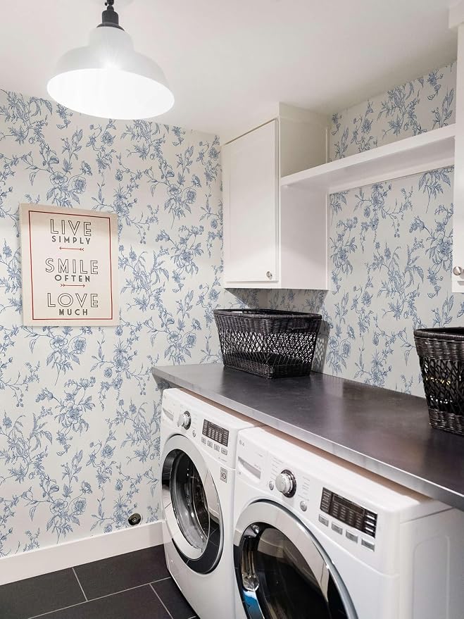 Ismoon Peel and Stick Wallpaper Floral Vintage Stick on Wall Paper Blue and White Contact Paper for Cabinet French Textured Removable Self Adhesive Wallpaper Vinyl for Bedroom Wall Deco 17.3 x 78.7in - Image 3