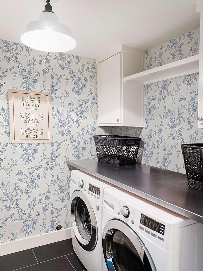 Ismoon Peel and Stick Wallpaper Floral Vintage Stick on Wall Paper Blue and White Contact Paper for Cabinet French Textured Removable Self Adhesive Wallpaper Vinyl for Bedroom Wall Deco 17.3 x 393in - Image 6