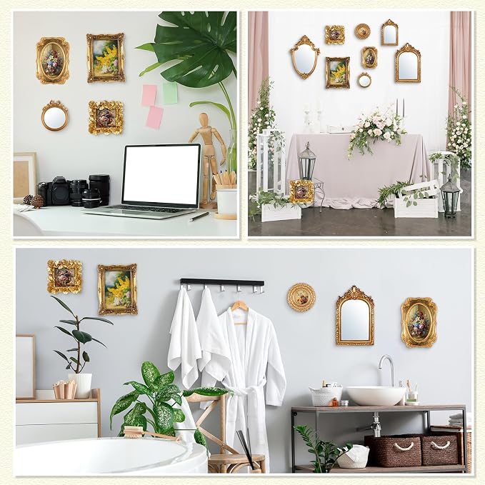 Novabright 8 Pcs Vintage Gold Picture Frame Wall Mirror Decor Set for Gallery, Small Antique Gold Mirror Luxury Ornate Pohot Frames for Wall Table Display(Elegant) - Image 7