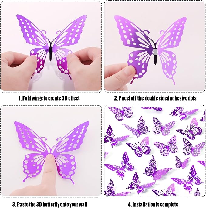 SAOROPEB 3D Butterfly Wall Decor 48 Pcs Purple Butterfly Decorations | 4 Styles 3 Sizes, Birthday Decorations Butterfly Party Decorations Cake Decorations, Removable Stickers - Image 6