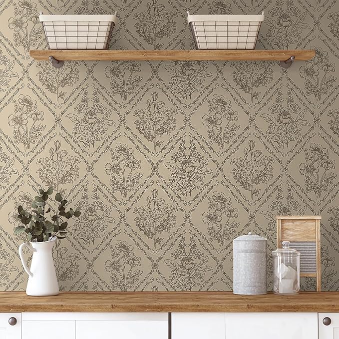 Toduso Vintage Peel and Stick Wallpaper Brown Floral Wallpaper for Kitchen Boho Neutral Contact Paper Removable Waterproof Self Adhesive Wall Paper for Bathroom Bedroom Drawer Decor Vinyl 17.3"x196.8" by Toduso