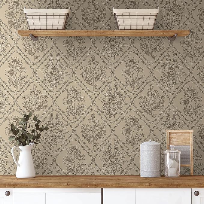 Toduso Vintage Peel and Stick Wallpaper Brown Floral Wallpaper for Kitchen Boho Neutral Contact Paper Removable Waterproof Self Adhesive Wall Paper for Bathroom Bedroom Drawer Decor Vinyl 17.3"x78.7" by Toduso