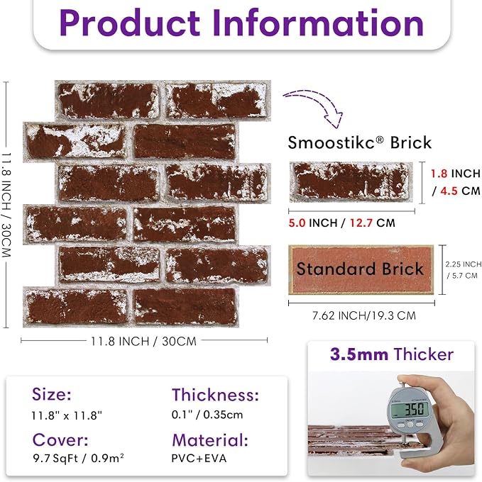 3D Faux Brick Wall Panels Peel and Stick, Designed for Quick DIY | Christmas Red, 10 Pcs 11.8" x 11.8", Small Brick-Look, PVC Fake Brick Wall Covering for Wall Renovation, Cover 9.7 sq ft - Image 3
