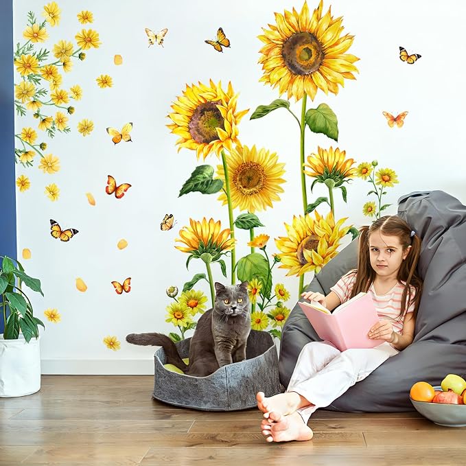 Sunflower Wall Decals Peel and Stick with Butterflies, Large Removable Sunflower Wall Stickers, Floral Wall Decor for Bedroom Living Room Nursery Office Cafe - Image 5