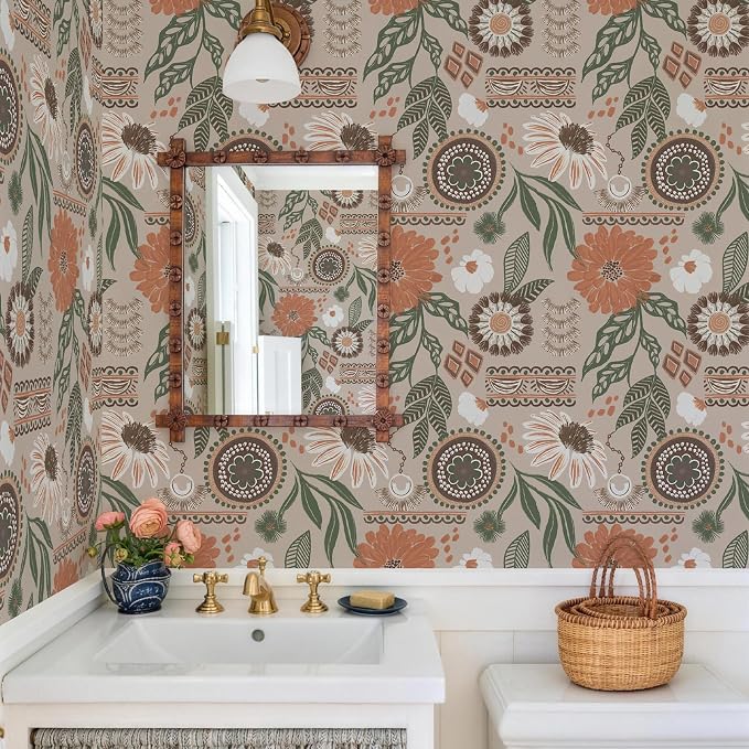 Simon&Siff Boho Sun Floral Retro Peel and Stick Wallpaper 17.3" x 800" | Removable Waterproof Self Adhesive Contact Paper, Renter Friendly for Cabinets, Furniture, Bedroom, Bathroom, DIY Decor - Image 2