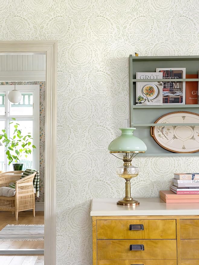 Ismoon Green Peel and Stick Wallpaper Boho Floral Contact Paper 17.3x78.7in | Beige Renter Friendly Wall Paper Textured Self Adhesive Removable Wallpaper for Bedroom Kitchen Thicken Vinyl Waterproof - Image 2