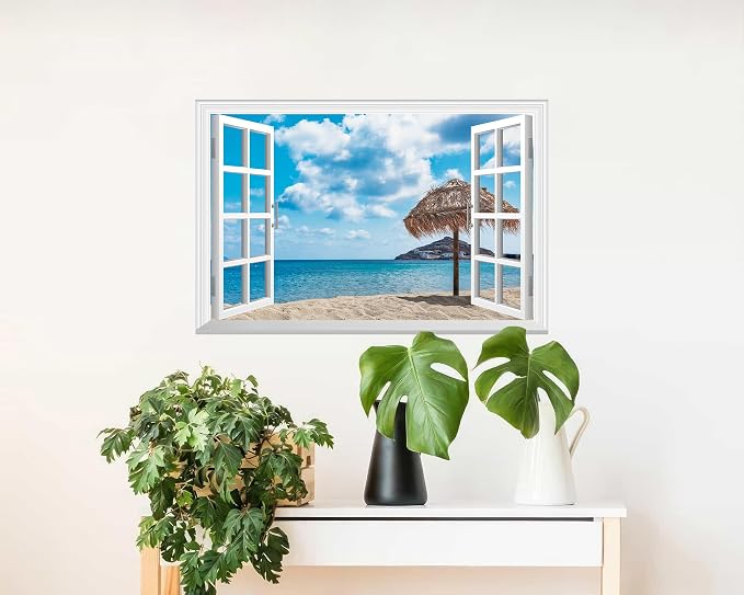 FLFK Fake Window Wall Decal - Ocean Beach Faux Window Wall Mural for Wall Decor, Peel and Stick Wall Sticker,24"x16" - Image 5