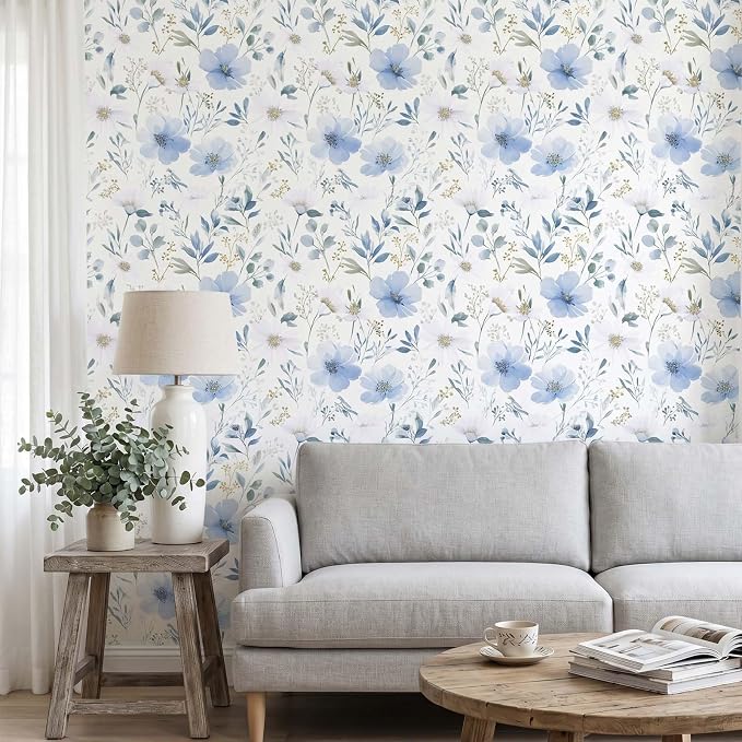 Light Blue Floral Peel and Stick Wallpaper, 17.7in x 393.7in | Self-adhesive and removable watercolor flower design for bedroom, living room, and accent wall - Image 2