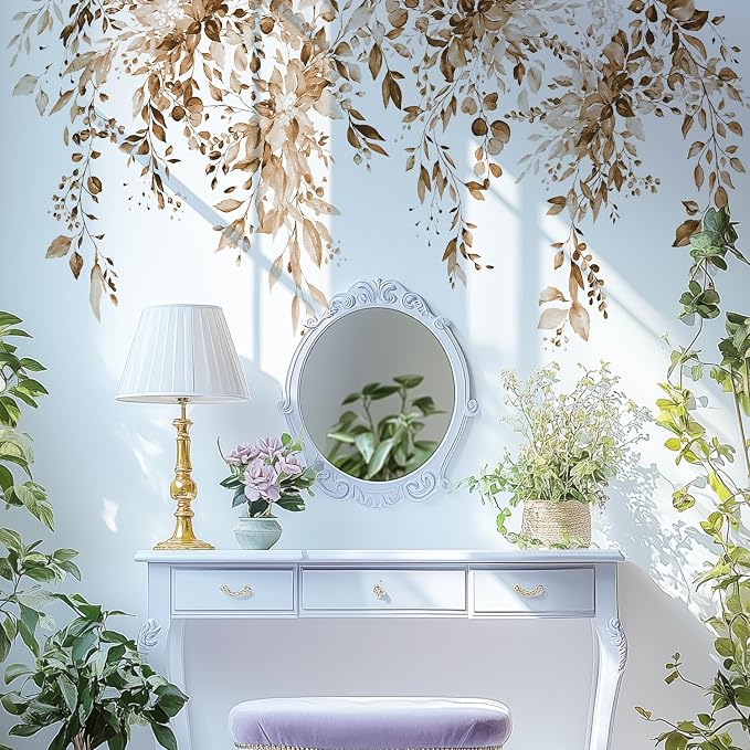 Brown Plants Leaves Wall Decals Peel and Stick, Large Floral Flowers Vinyl Wall Stickers, Removable Vine Home Decor Art for Bedroom Living Room Classroom Office - Image 8