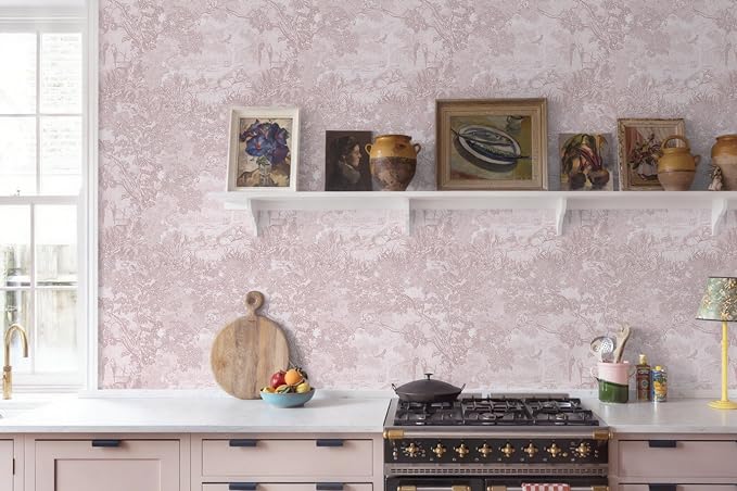Ismoon Pink Peel and Stick Wallpaper Neutral Wall Paper 17.3in×6.56ft Vintage Removable Self-Adhesive Wallpaper Animals Jungle Contact Paper for Cabinets Bathroom Walls Covering Vinyl Roll - Image 4