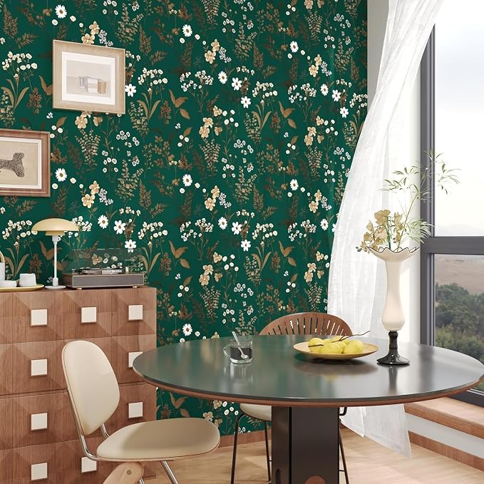 Laatse Vintage Dark Green Gold Floral Peel and Stick Wallpaper 17.5"x118" | Self Adhesive/Removable/Waterproof/Thick Vinyl Contact Paper for Bathroom Bedroom Shelf Cabinet Drawer,Prepasted,Easy Peel - Image 3