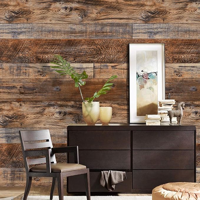 WENMER 17.71" x 118" Brown Wood Wallpaper Peel and Stick Shiplap Self Adhesive Contact Paper for Cabinet Countertop Shelf Drawer Wall Door (Pack of 2) - Image 2
