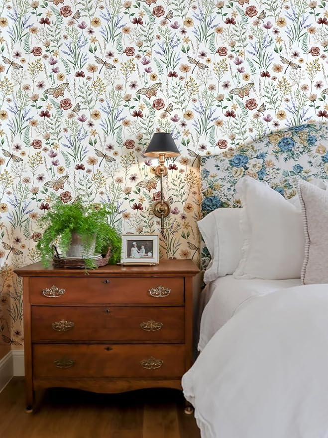 Orainege Vintage Peel and Stick Wallpaper Floral Wallpaper Self Adhesive | 16.9in x 118.1in Butterfly Wall Paper for Bedroom Bathroom Cabinets Decor Removable Vinyl Roll - Image 4