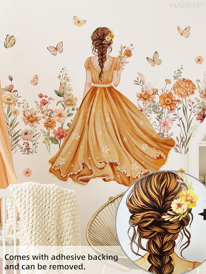 Butterfly Girl Wall Stickers - Orange Flower Fairy Garden Wall Decal Peel& Stick Removable Waterproof Vinyl Wall Decoration for Girl Bedroom Living Room,80 cm x 150 cm - Image 7