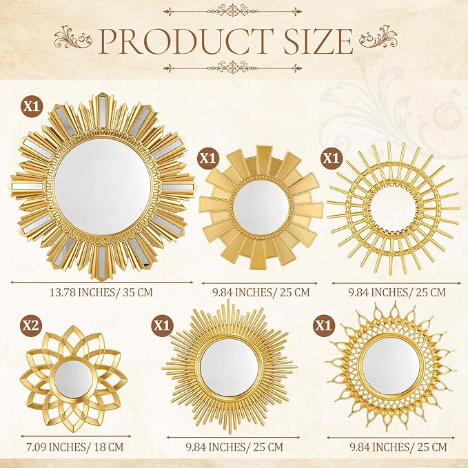 Gerrii 7 Pcs Gold Sunburst Mirror for Wall Decorative Gold Mirrors for Wall Decor Vintage Mirror Sets Hanging Round Decorative Mirrors Accessories for Art Entryway Living Room Home Decor Art Gifts - Image 3