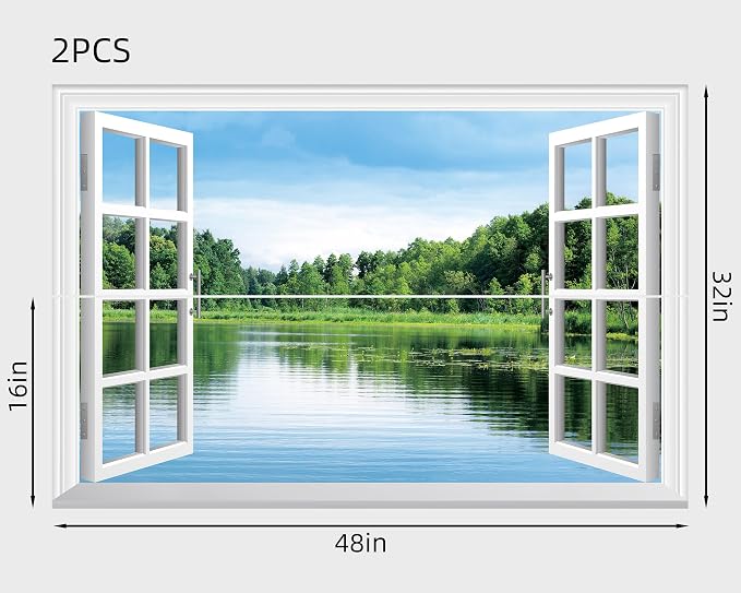 FLFK Fake Window Wall Sticker, Lake Forest Nature View Peel and Stick Mural, White Frame, Self-Adhesive Removable Decal, 48 x 32 Inches, Easy Peel and Stick, for Home, Office, Bedroom Decor - Image 2