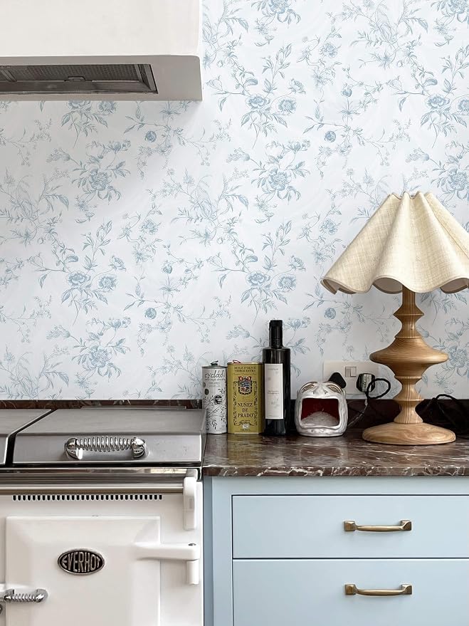 Ismoon Blue Wallpaper Peel and Stick Floral Vintage Stick on Wall Paper French Textured Contact Paper for Cabinet Removable Self Adhesive Wallpaper Vinyl Roll Shelf Deco, 17.3x787in - Image 7