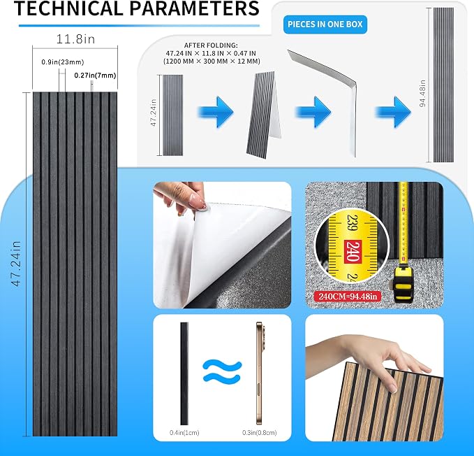 3D Wall Panels Peel and Stick, Ebony, 2 Packs | Interior Wall Decor, Self Adhesive Sound Absorbing Planks, Acoustic Wood Slat Wall Panels, 94.48 * 11.80in, 0.4" Depth - Image 2