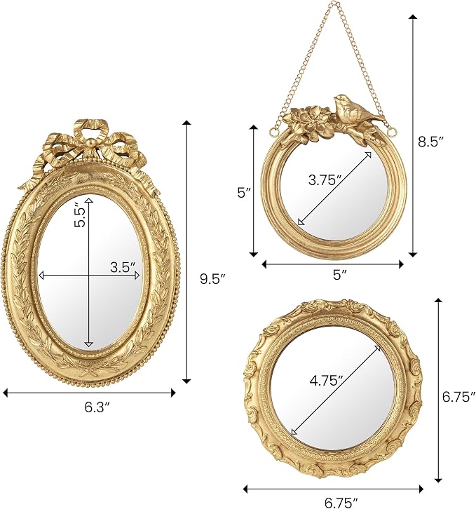 AELS 3 Pack Small Antique Gold Mirror Wall Decor, Wall Hanging Mirror, Luxury Home Decor, Vintage Wall Mirror, Small Decorative Mirrors for Living Room Entryway Bedroom, Bird Bow - Image 4