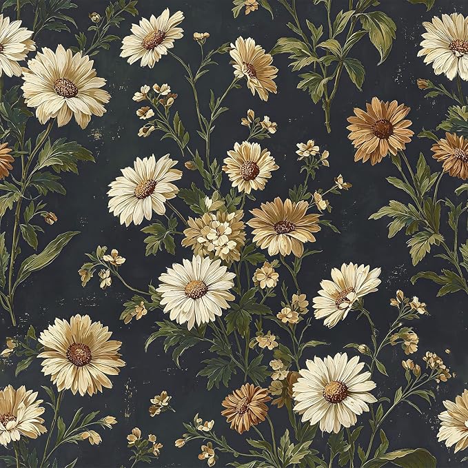 Livebor Dark Daisy Floral Wallpaper Peel and Stick Wallpaper16.9in x118.1in | Floral Contact Paper Vintage Daisy Flower Waterproof Wallpaper Self-Adhesive Removable Wall Paper for Bedroom Decorative by LiveborDirectWallpaper