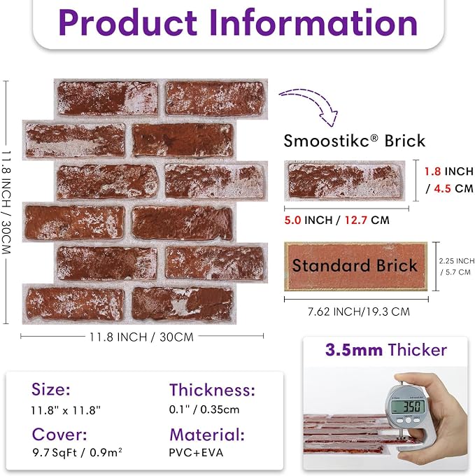 3D Peel and Stick Faux Brick Wall Panels 11.8" x 11.8" 10-Pack | Small Brick-Look Textured Sticker, Thin Lightweight PVC Self Adhesive Wall Tiles for Interior Decor, Cover 9.7 sq ft - Image 3