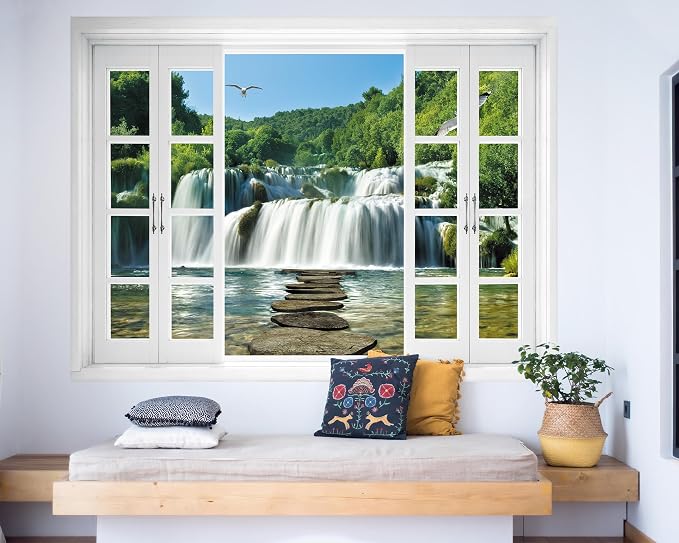 FLFK Fake Window Wall Mural - Waterfall Nature Scene Peel and Stick Decal, 80 x 60 inches, Set of 5 Sheets - Image 3