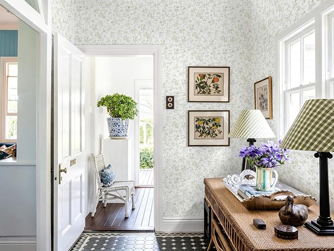 Peel and Stick Wallpaper for Nursery Green Cherry Blossom Waterproof | 197"×17.3" Green Floral Watercolor Wallpaper Gentle Accent Wall Decor with Grid Lines for Bedroom Vinyl Self-adhesive - Image 3